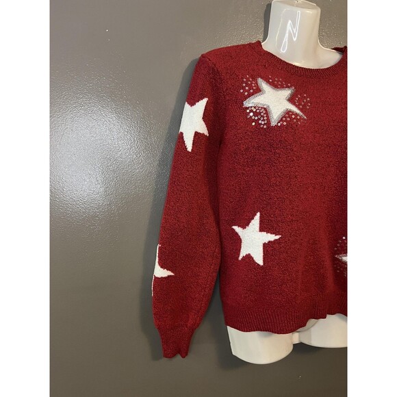 Holiday Time Sweater Womens Medium Red White Star Pullover Sequin Knit Festive - Picture 2 of 6